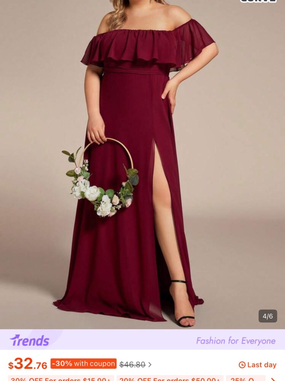 NWOT, 4XL/20 SHEIN Curve, Women's Burgundy Off-Shoulder Maxi Dress - Picture 3 of 13